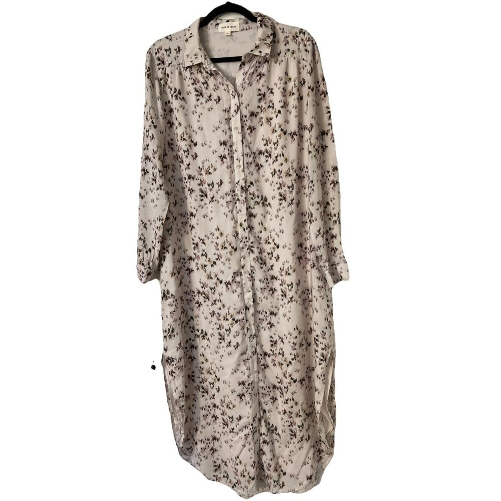 Cloth & Stone Long Sleeve‎  Tan Brown 100% Rayon  Button Front Midi Dress Lined